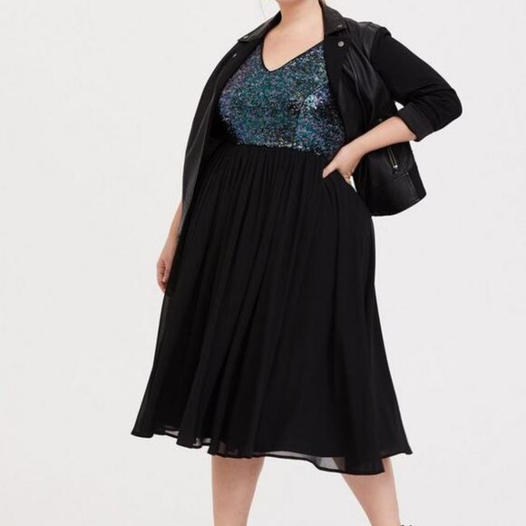 Torrid Black Sequin Chiffon Skater Midi - Picture 3 of 6